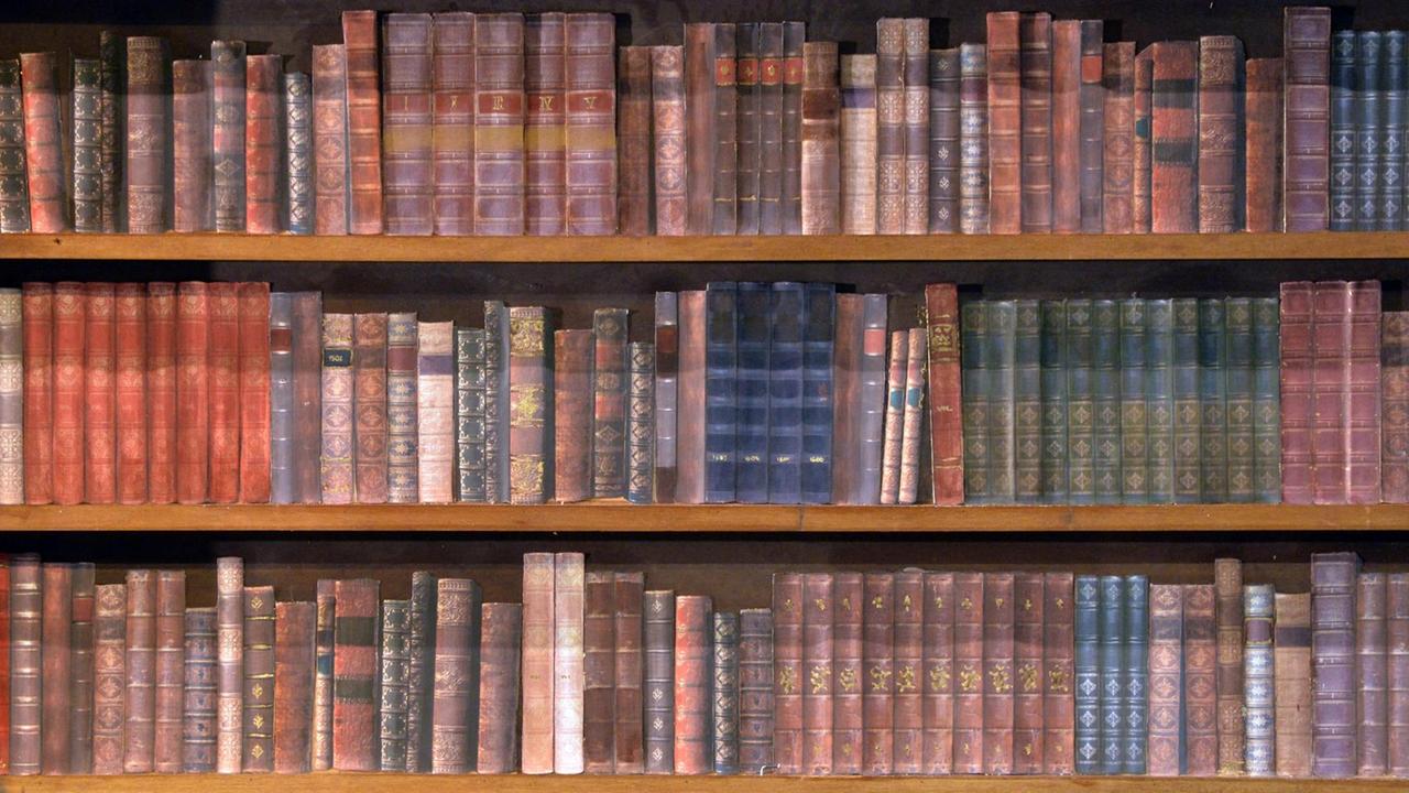 Ein stilisiertes Bücherregal steht als Bühnenbild während einer Probe in der Oper Leipzig auf der Bühne. | Verwendung weltweit Ein stilisiertes Bücherregal steht als Bühnenbild während einer Probe in der Oper Leipzig auf der Bühne. | Verwendung weltweit
