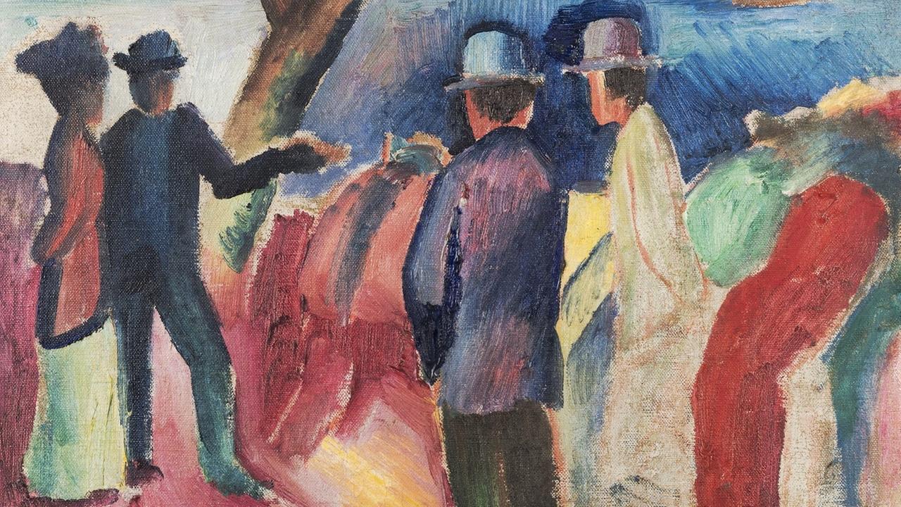 Ausschnitt aus dem Bild "Spaziergänger am See (II)" von August Macke, 1912, Öl auf Leinen, 48,5 × 51,5 cm, in der Ausstellung Franz Marc/August Macke - Das Abenteuer des blauen Reiters im Musée de l’Orangerie in Paris. Ausschnitt aus dem Bild "Spaziergänger am See (II)" von August Macke, 1912, Öl auf Leinen, 48,5 × 51,5 cm, in der Ausstellung Franz Marc/August Macke - Das Abenteuer des blauen Reiters im Musée de l’Orangerie in Paris.
