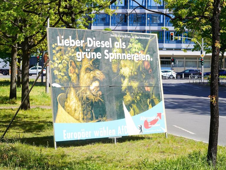 Auf dem Wahlplakat der AfD im April 2019 zur Europawahl steht "Lieber Diesel als grüne Spinnereien", Hintergrund ist ein Gemälde des Spätrenaissance-Malers Giuseppe Arcimboldo mit Figuren aus Gemüse.