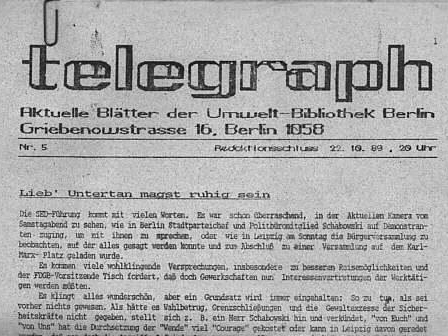 Zu sehen ist die erste Seite der Zeitschrift Telegraph, Blätter der Umweltbibliothek Berlin, Ausgabe vom 22. Oktober 1989