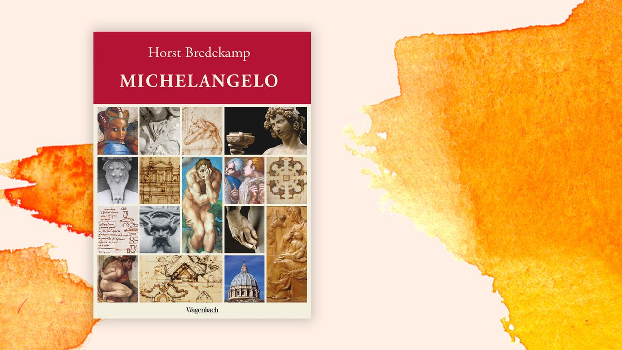 Das Cover von Horst Bredekamps Buch "Michelangelo" auf oramge-weißem Hintergrund.