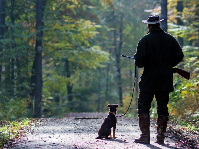 Ein Jäger mit seinem Jagdhund und seinem Gewehr auf einem Waldweg