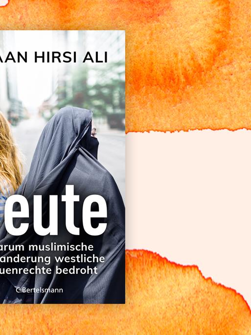 Die Umschlagabbildung Ayaan Hirsi Alis Buch "Beute. Warum muslimische Einwanderung westliche Frauenrechte bedroht" zeigt zwei Frauen, die Rücken an Rücken zueinander stehen, die eine trägt langes blondes Haar, Sonnenbrille und ein blau-weiß gestreiftes Kleid, die zweite eine schwarze Burka mit Kopftuch, so dass nur ihre Augen und die Stirn zu sehen sind.