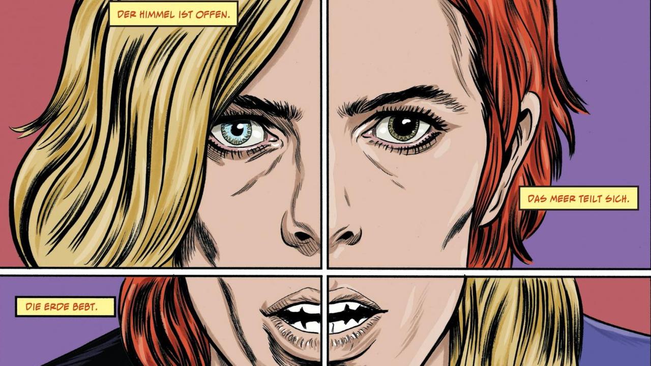 Gezeichnetes Comic-Porträt von David Bowie: ein Gesicht mit unterschiedlich farbigen Augen und den Haarfarben blond (links) und rot (rechts)