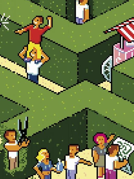 Pixel-Art-Illustration von einer Menschenmenge, die einen Ausweg aus einem Irrgarten sucht.