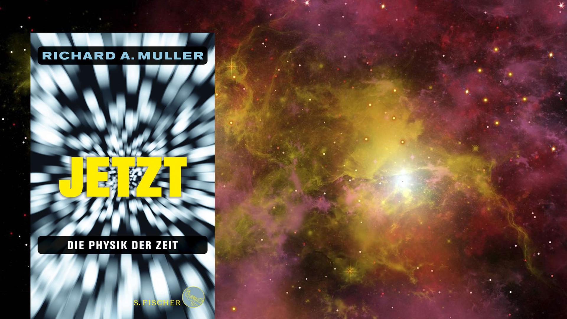 Buchcover "Die Physik der Zeit" von Richard Muller, im Hintergrund: Zwei Sterne leuchten aus einem Sternennebel in einer fernen Galaxie.