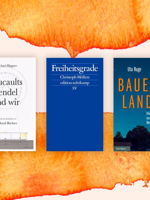 Buchcover der fünf nominierten Bücher für den Sachbuchpreis der Leipziger Buchmesse 2021 auf einer orangenen Fläche.