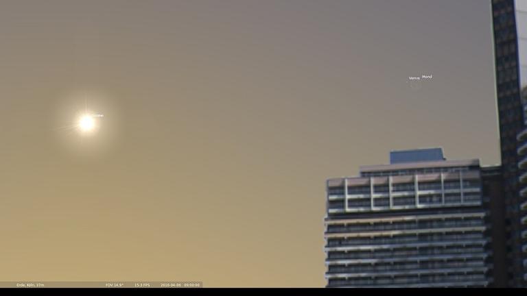 Sonne, Mond und Venus am 6.4. gegen 9 Uhr, etwa eine halbe Stunde vor Beginn der Bedeckung.