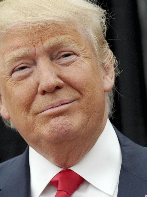 Porträt von Donald Trump. Er trägt einen dunklen Anzug und eine rote Krawatte