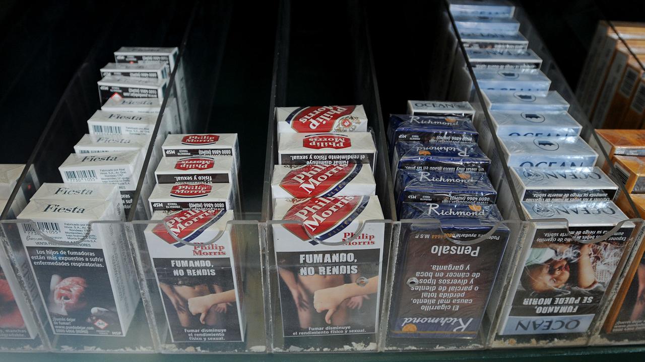 Zigarettenschachteln mit Warnungen vor den Gesundheitsgefahren des Rauchens stehen in einem Regal.