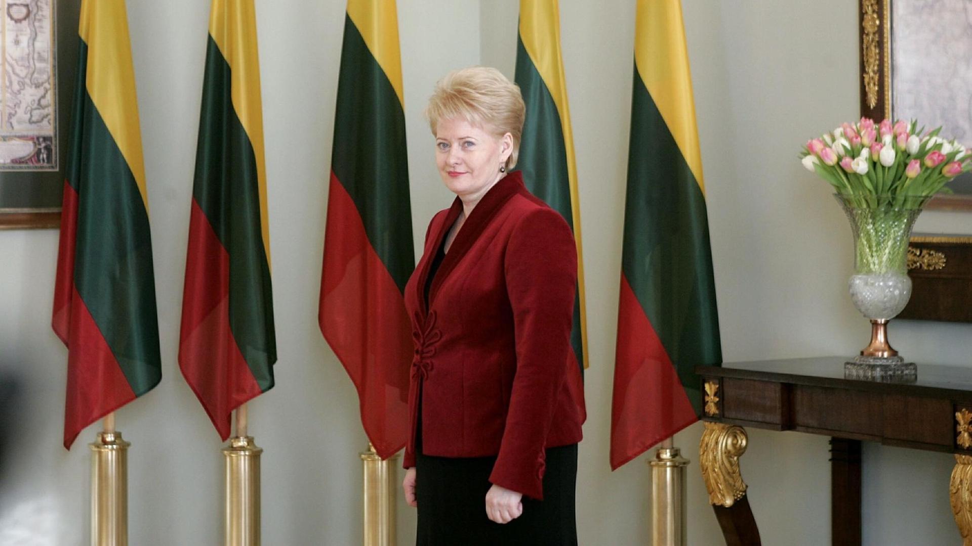 Die litauische Präsidentin Dalia Grybauskaite steht im Präsidentenpalast vor Fahnen