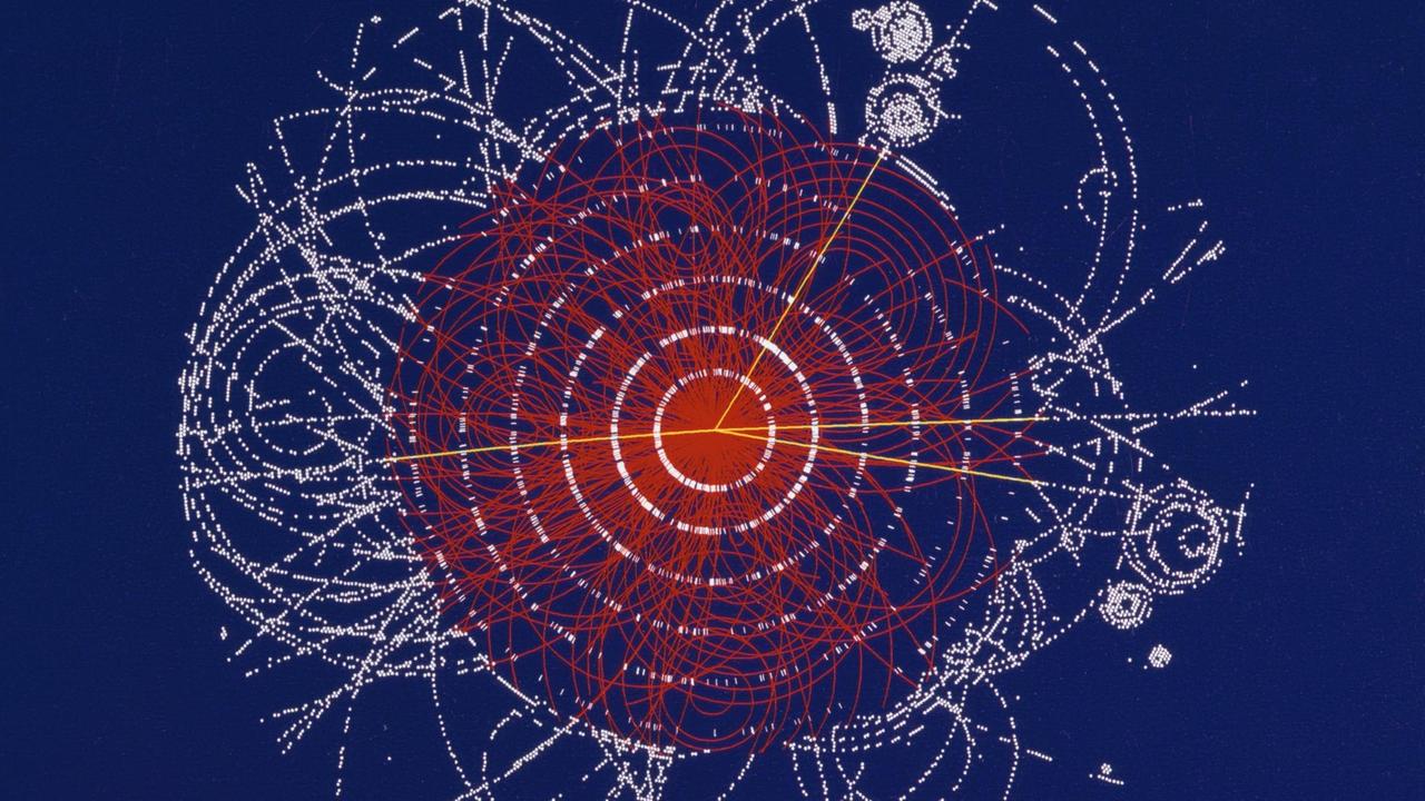 Die Illustration zeigt den Zerfall eines fiktiven Higgs-Boson.