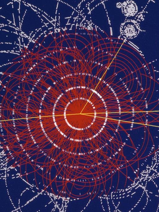 Die Illustration zeigt den Zerfall eines fiktiven Higgs-Boson. Dem Nachweis des lange gesuchten Higgs-Teilchen sind Physiker des weltgrößten Teilchenbeschleunigers LHC einen wichtigen Schritt nähergekommen. Das mögliche «Versteck» des Elementarteilchens sei weiter eingeschränkt worden, berichteten Forscher der beiden großen Detektoren ATLAS und CMS am Dienstag beim Europäischen Teilchenforschungszentrum Cern nahe Genf.