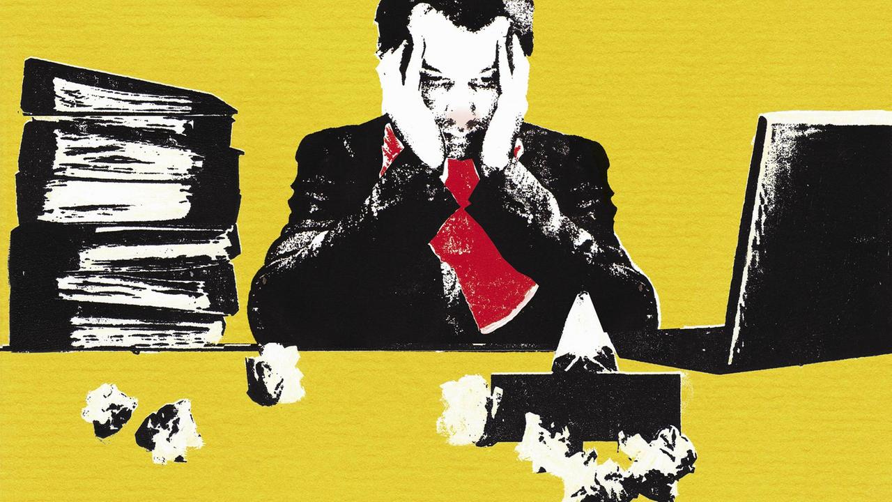 Ein Mann sitzt zwischen Akten und einem Laptop am Schreibtisch, den Kopf in die Hände gestützt, vor ihm zerknüllte Taschentücher.(Illustration)