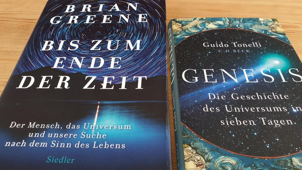 Die Bücher "Bis zum Ende der Zeit" von Brian Greene und "Genesis: Die Geschichte des Universums in sieben Tagen" von Guido Tonelli.