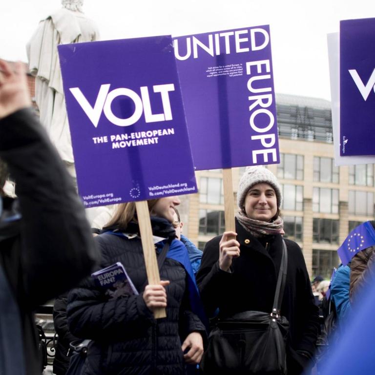 27.01.2019: Demonstranten in Berlin halten VOLT-Schilder in die Höhe