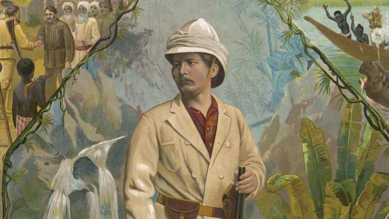 Eine Illustration zeigt ein koloriertes Foto von Henry Morton Stanley.