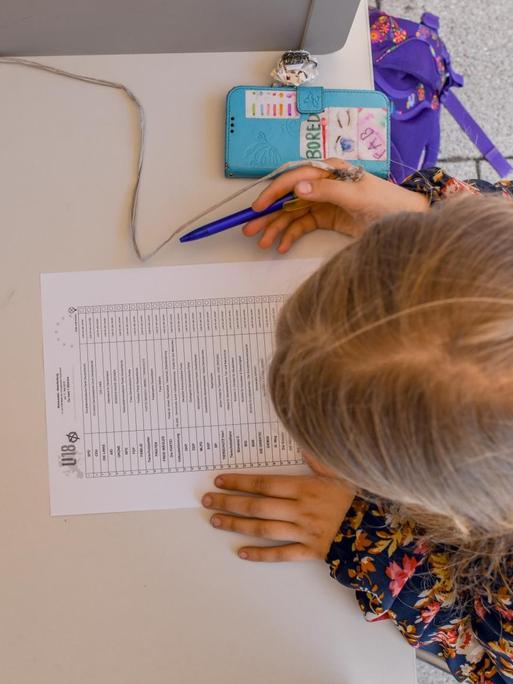 Ein elfjähriges Mädchen sitzt bei der U18-Europawahl 2019 in einer Wahlkabine in Brandenburg.