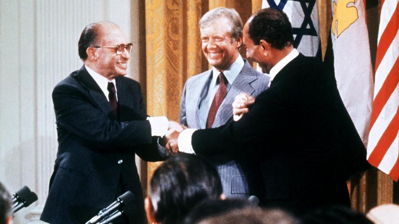 Israelisch-ägyptische Friedensverhandlungen in Camp David: Menachem Begin, Anwar as Sadat und Jimmy Carter 
