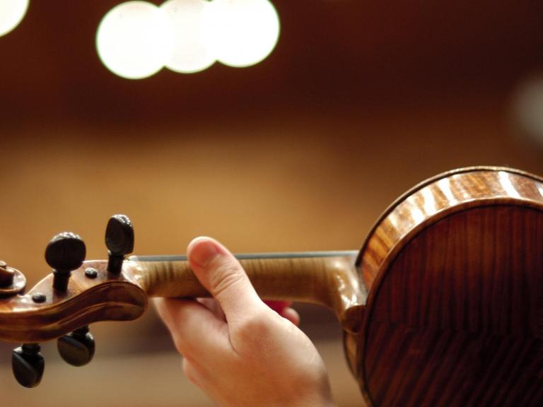 Hand einer Geigerin auf dem Hals einer Geige von hinten fotografiert