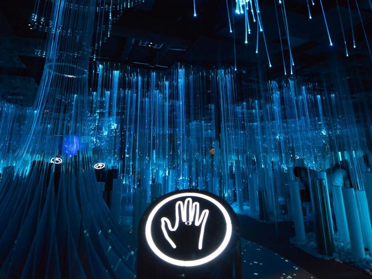 Eine interaktive Kunstinstallation aus blau leuchteden Stäben, im Bildvordergrund ist ein Leuchtzeichen mit den Umrissen einer Hand zu sehen.