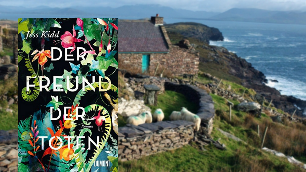 Cover: "Der Freund der Toten" von Jess Kidd, im Hintergrund das Dorf Cill Realig an der irischen Westküste.