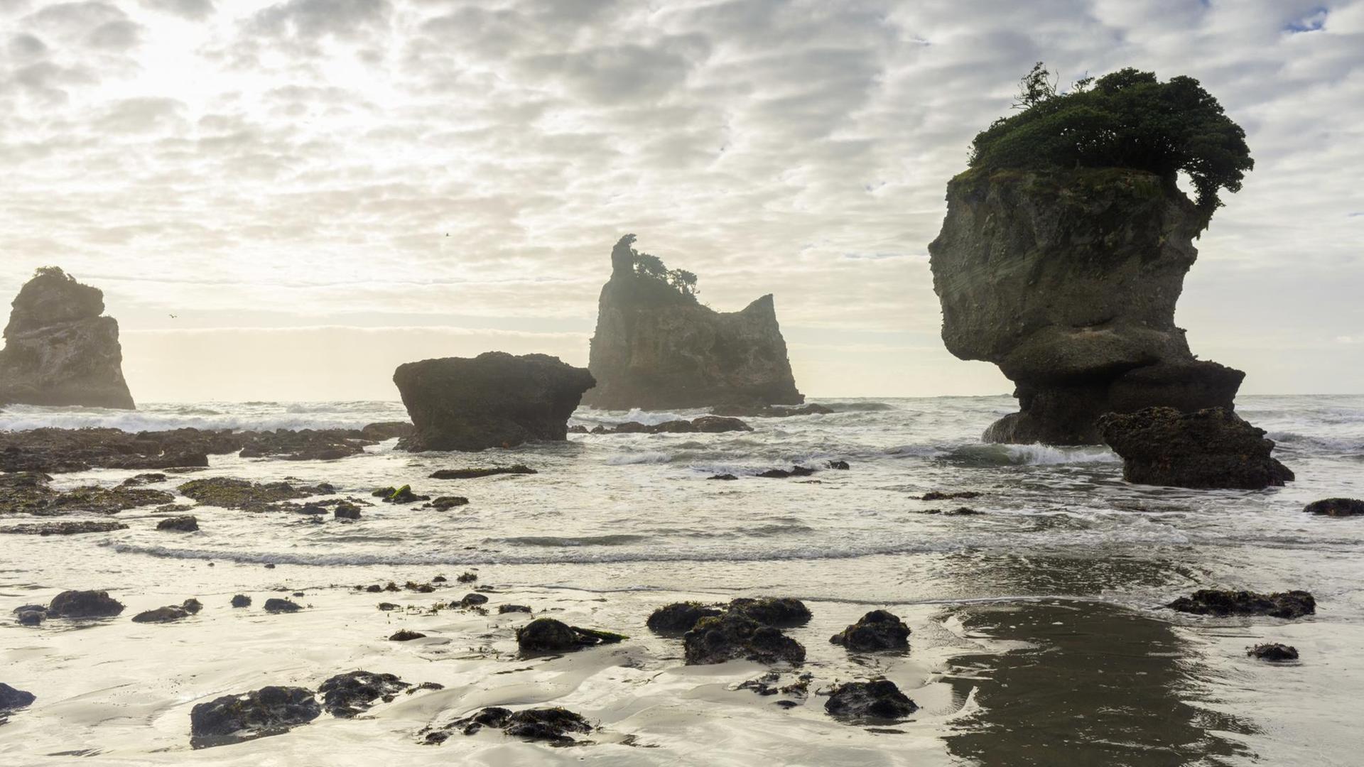 Felsenformationen ragen in die Höhe am Motukiekie Beach an der Westküste von Neuseeland.