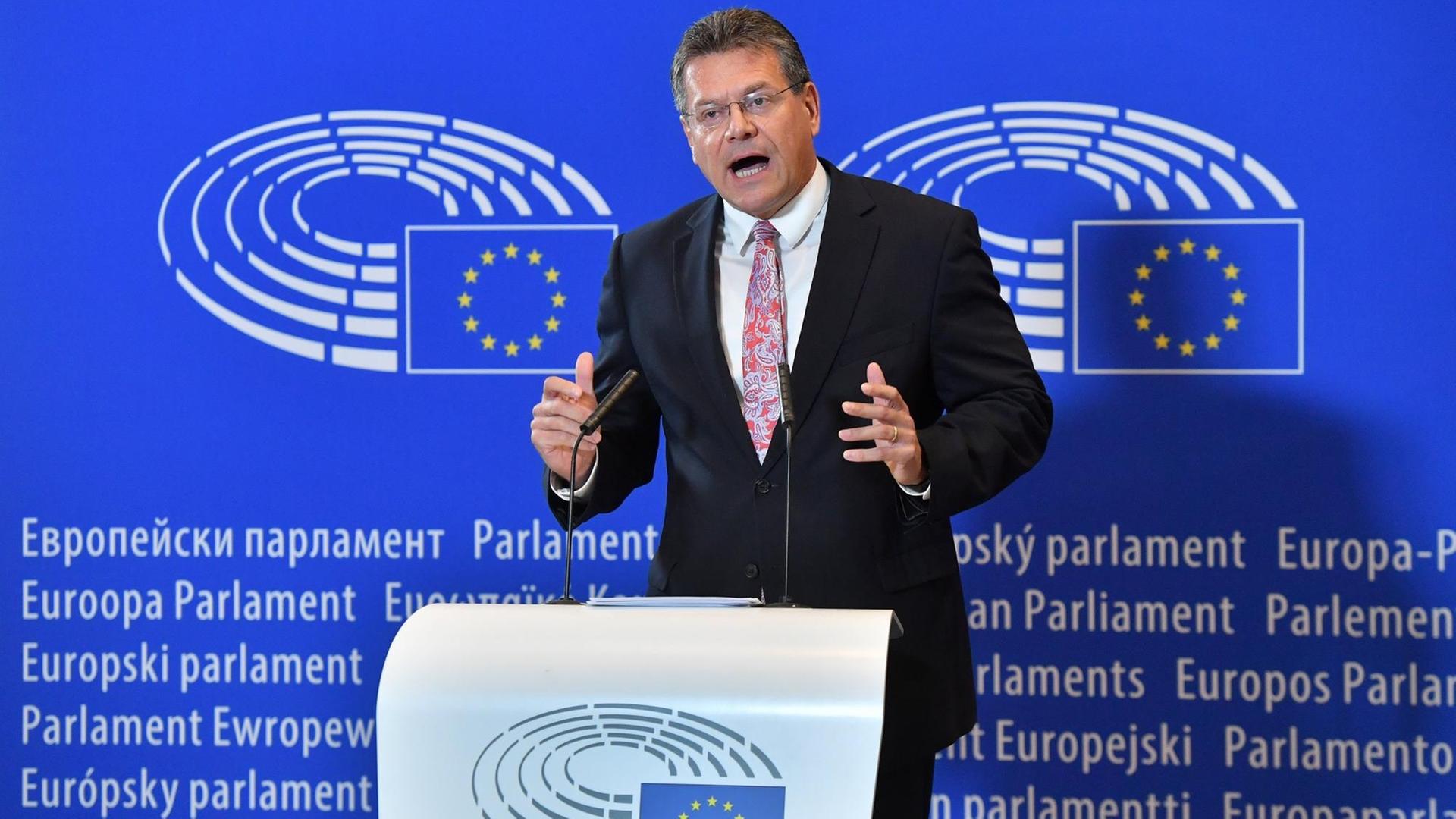 Der Slowake Sefcovic steht hinter einem weißen Pult und gestikuliert mit den Händen. Hinter ihm eine blaue Wand mit dem weißen Logo der Europäischen Kommission. Der Slowake Sefcovic steht hinter einem weißen Pult und gestikuliert mit den Händen. Hinter ihm eine blaue Wand mit dem weißen Logo der Europäischen Kommission.
