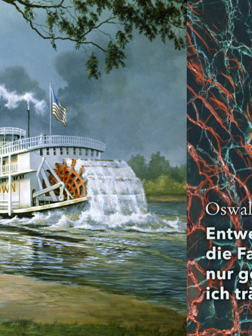 Das Buchcover con Oswald Egger: "Entweder ich habe die Fahrt am Mississippi nur geträumt oder ich träume jetzt" vor einem Gemälde mit einem Mississippidampfer