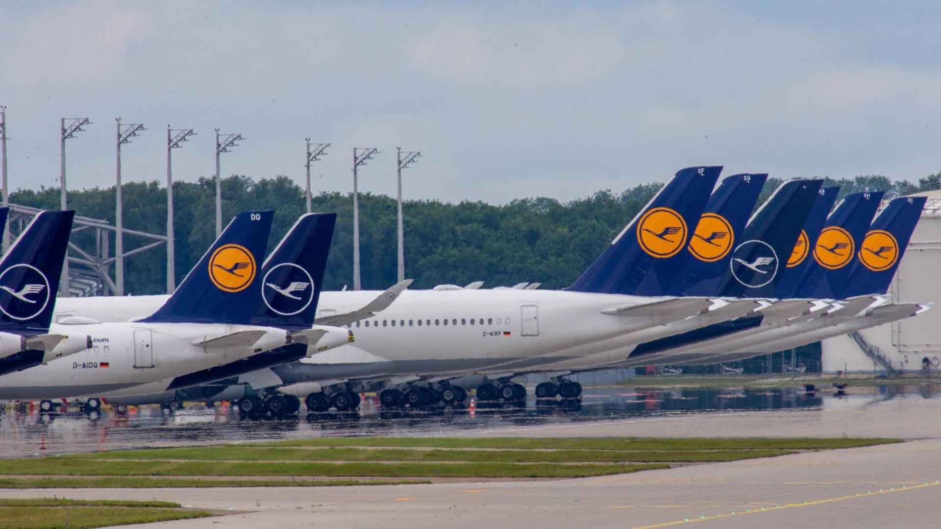 Flugzeuge der Lufthansa stehen am Flughafen in München am Boden. Bei der Airline sind nach der Coronakrise 22.000 Arbeitsplätze bedroht.