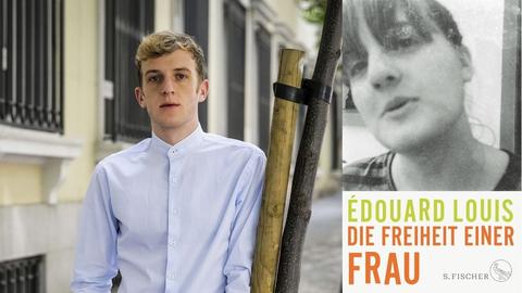 Édouard Louis: "Die Freiheit einer Frau" Zu sehen sind der Autor und das Buchcover, auf dem das Gesicht einer Frau abgebildet ist.
