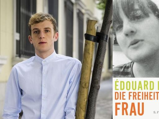 Édouard Louis: "Die Freiheit einer Frau" Zu sehen sind der Autor und das Buchcover, auf dem das Gesicht einer Frau abgebildet ist.