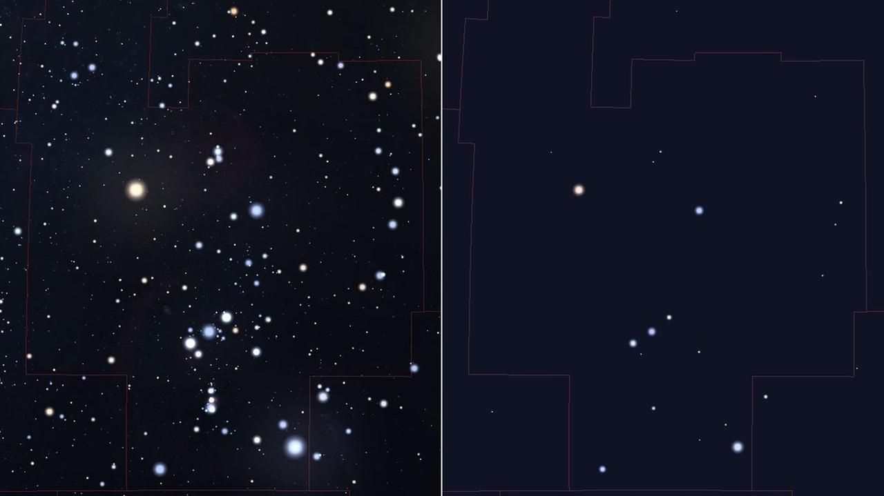 Vergleich zwischen den Anblicken des Sternbilds Orion im (dunklen) Hochgebirge (links) und aus einer lichtverschmutzten Großstadt (rechts)
