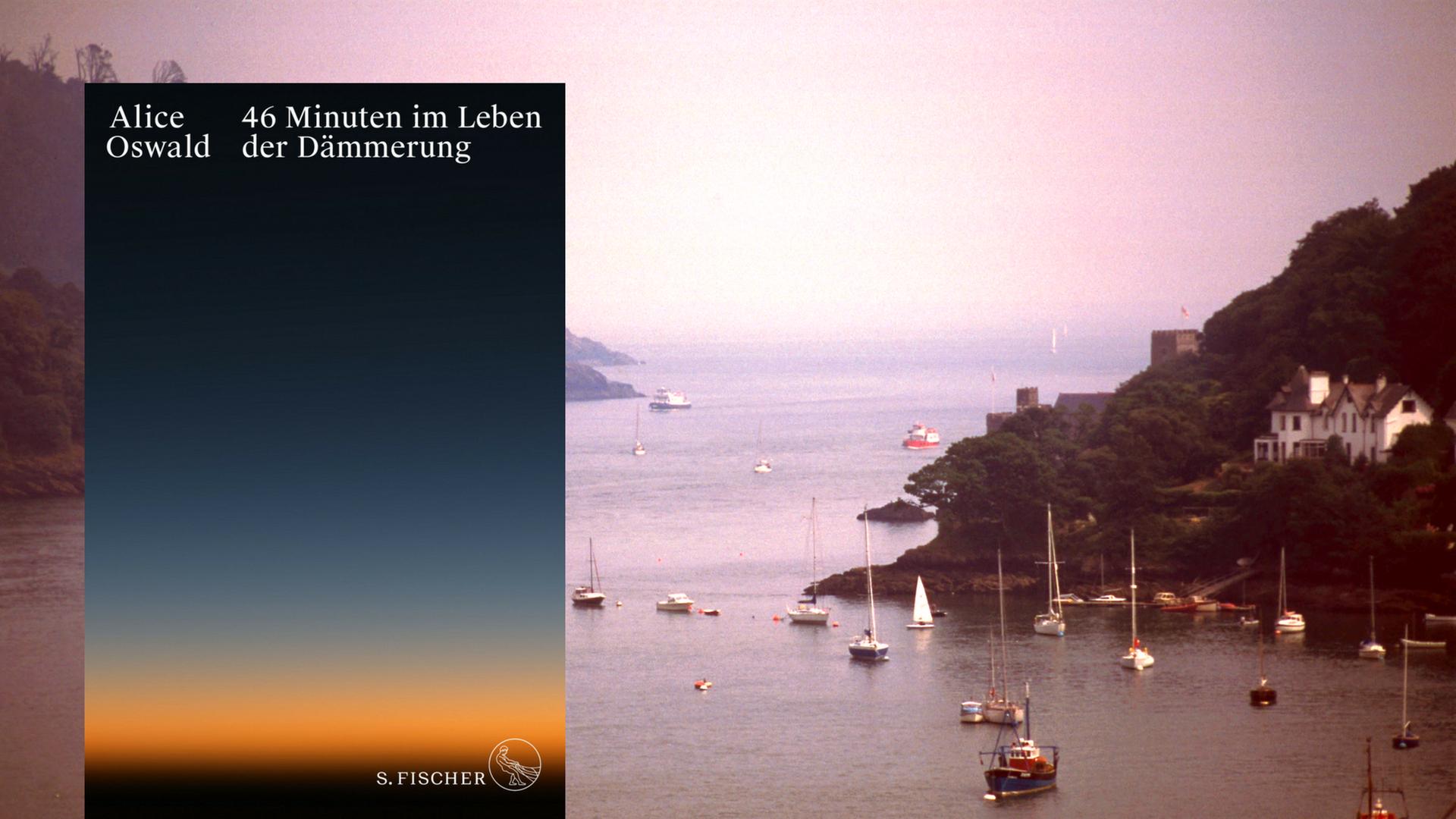 Buchcover: Alice Oswald: "46 Minuten im Leben der Dämmerung" und Blick auf die Mündung des Flusses Dart bei Dartmouth