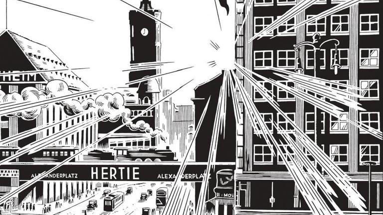 Ein Bild aus dem Comic "Berlin" von Jason Lutes zeigt ein Schwarz-weiß-Bild mit dem Blick vom Alexanderplatz auf das Rote Rathaus