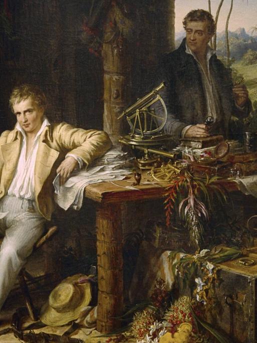 Alexander von Humboldt und sein Freund, der Botaniker Aimé Bonpland auf der 1799-1800 unternommenen Forschungsreise in Venezuela - auf dem Gemälde "'Humboldt und Bonpland am Orinoco" von Eduard Ender.