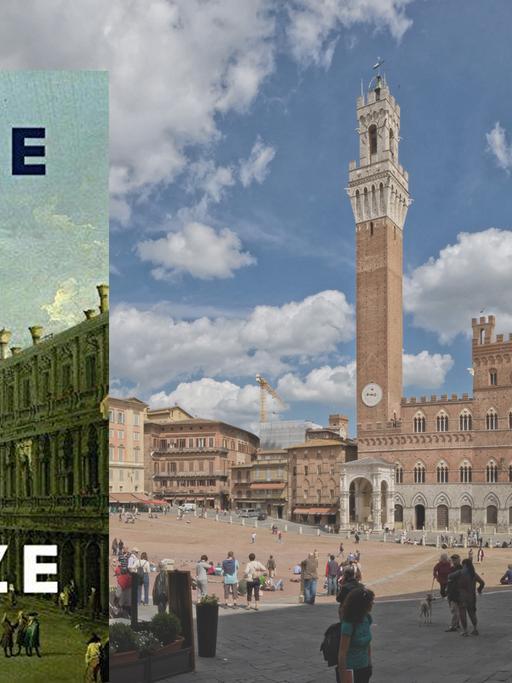 Cover von "Türme und Plätze" vor dem Hintergrund einer Ansicht von Siena in der Toskana.