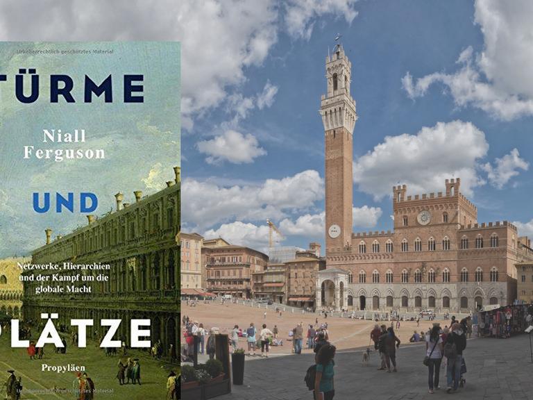 Cover von "Türme und Plätze" vor dem Hintergrund einer Ansicht von Siena in der Toskana.