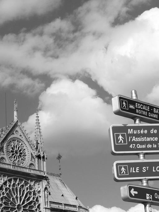 Eine Straßenschild gibt den Hinweis auf das Musée de l'Assistance Publique und die Ile St Louis am Donnerstag (23.06.2011) im französischen Paris. Im Hintergrund die Cathédrale Notre-Dame.