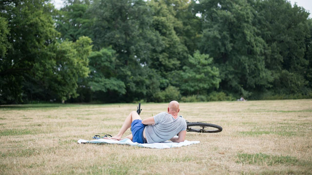 Heute wird es hier ganz anders aussehen: ein Mann liegt im Vorfeld des Festivals im Treptower Park.