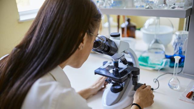 Eine junge Frau sitzt in einem Labor. Sie schaut durch ein Mikroskop.