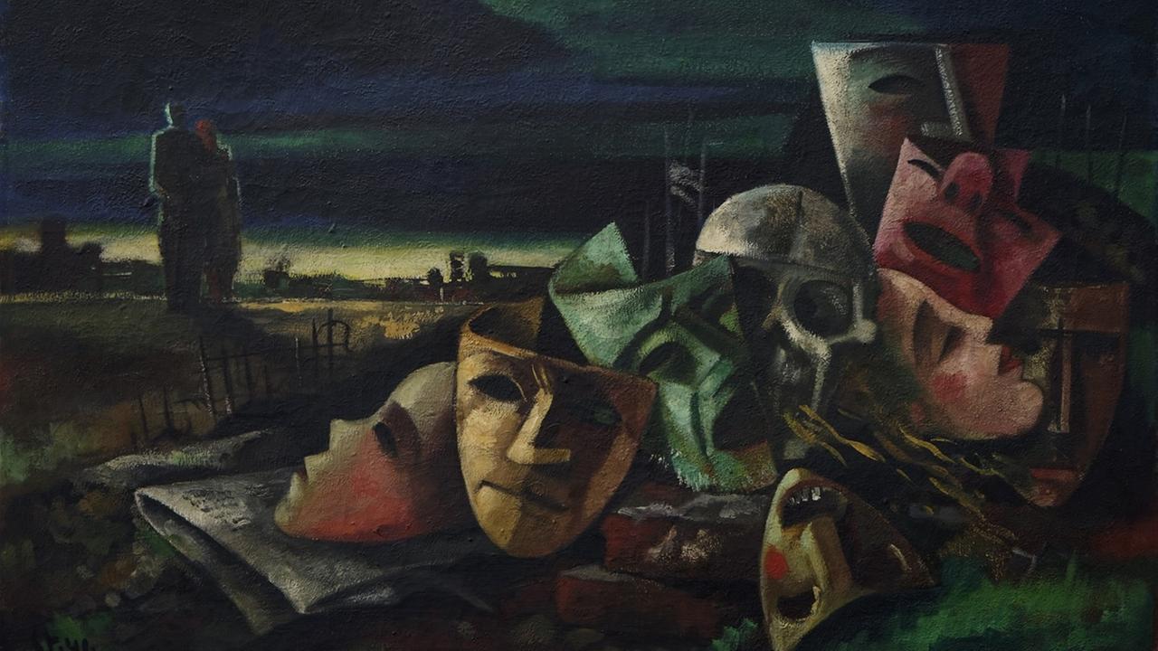 Horst Strempel, Masken, 1946, Öltempera auf Leinwand, 72,5 x 95 cm
