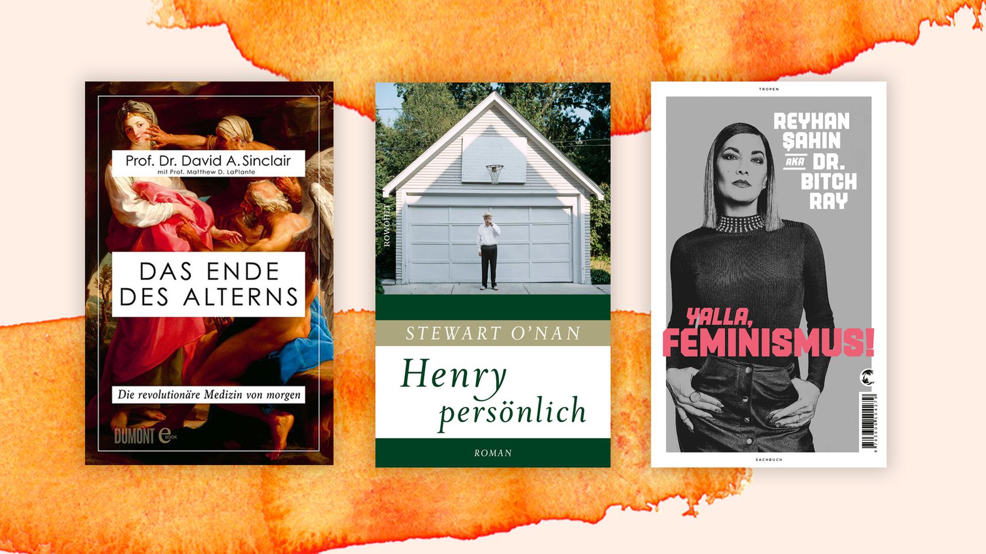 Buchcover zu "Das Ende des Alterns", "Henry persönlich" und "Yalla, Feminismus"