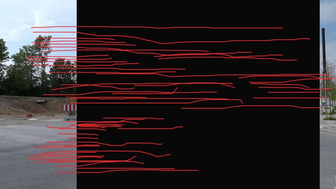 Abstrakte rote Linien über einem schwarzen Block, der die Sicht auf die Fotografie einer Straße blockiert. 