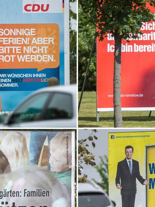 Die Bildkombo vom 20.08.2014 zeigt Großplakate der Parteien (von links oben im Uhrzeigersinn) CDU, Linke, FDP und SPD, die in Thüringen das Bild an den Straßen bestimmen.