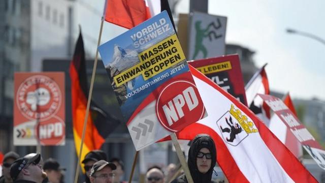 NPD-Anhänger tragen ein Plakat mit der Aufschrift "Masseneinwanderung stoppen" und einem Foto des Matterhorns.