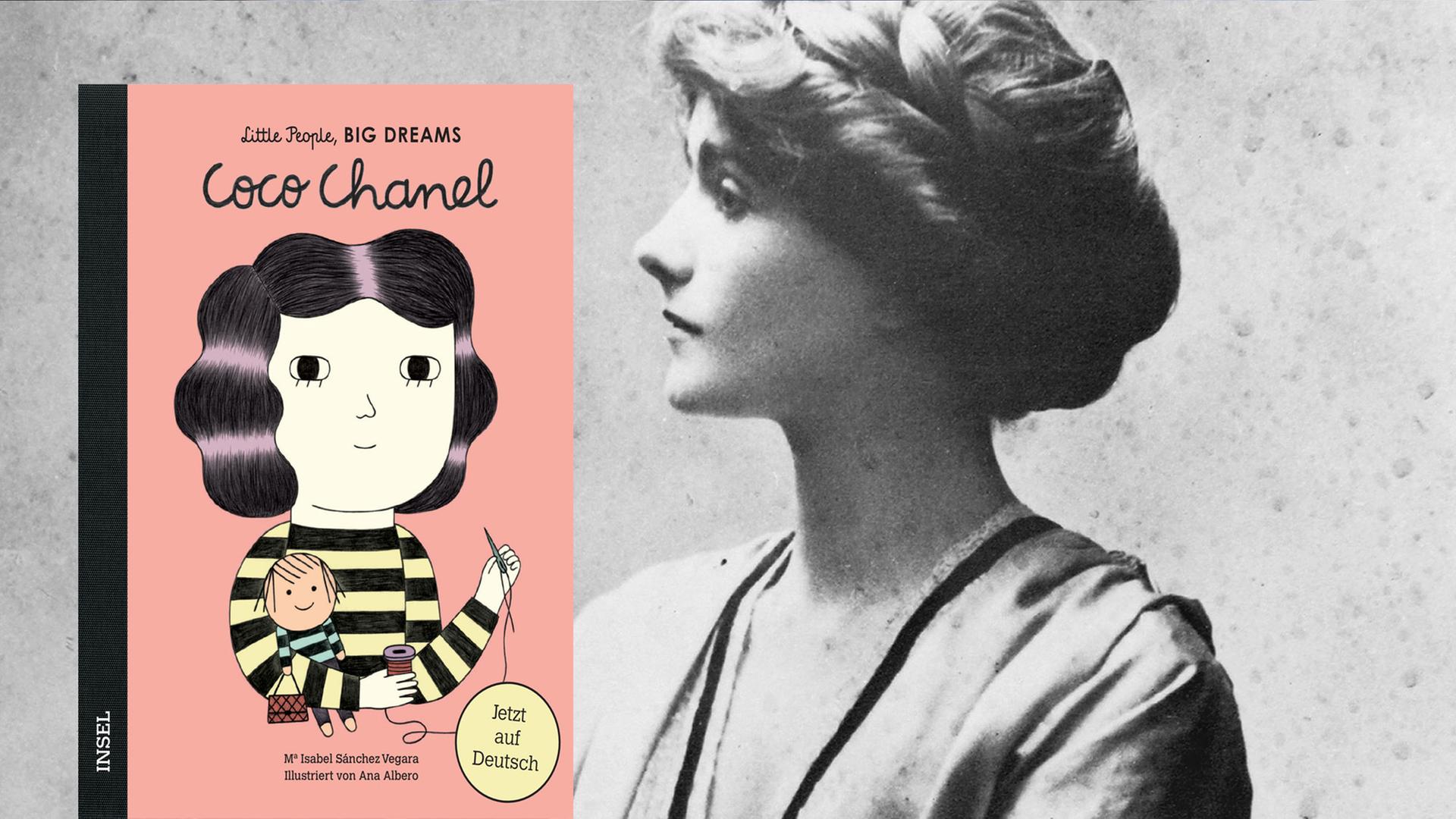 Das Bild zeigt das Buchcover des Bandes "Coco Chanel" von Isabel Sánchez Vegara - im Hintergrund ist eine Porträtaufnahme der Designerin aus dem Jahr 1909 zu sehen.