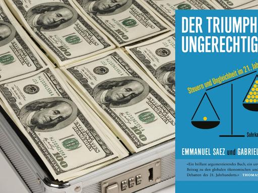 Hintergrundbild: Koffer mit 100 US Dollar Scheinen, Symbolbild Geldwäsche. Vordergrund: Buchcover