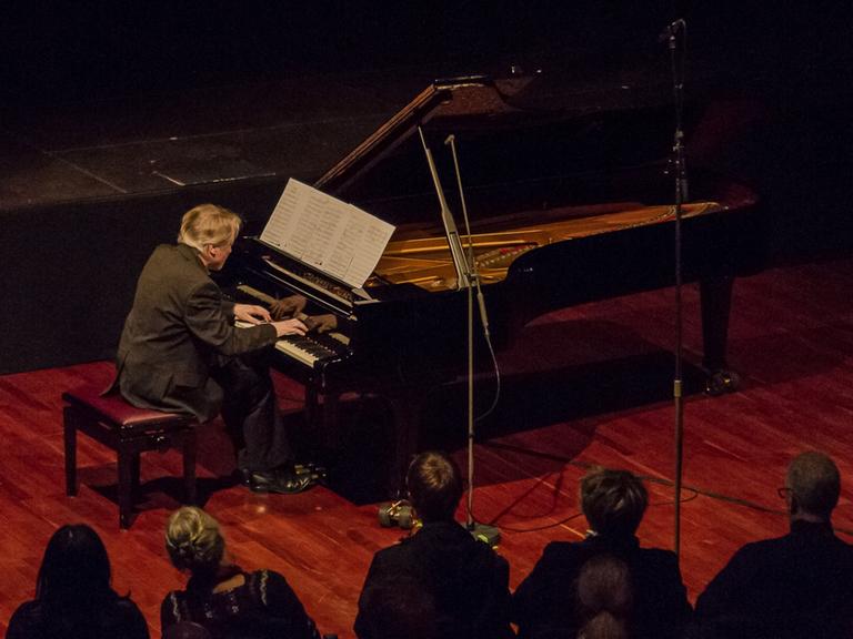 Auf einer halbdunklen Bühne sitzt ein Mann an einem Konzertflügel und spielt vor Publikum.
