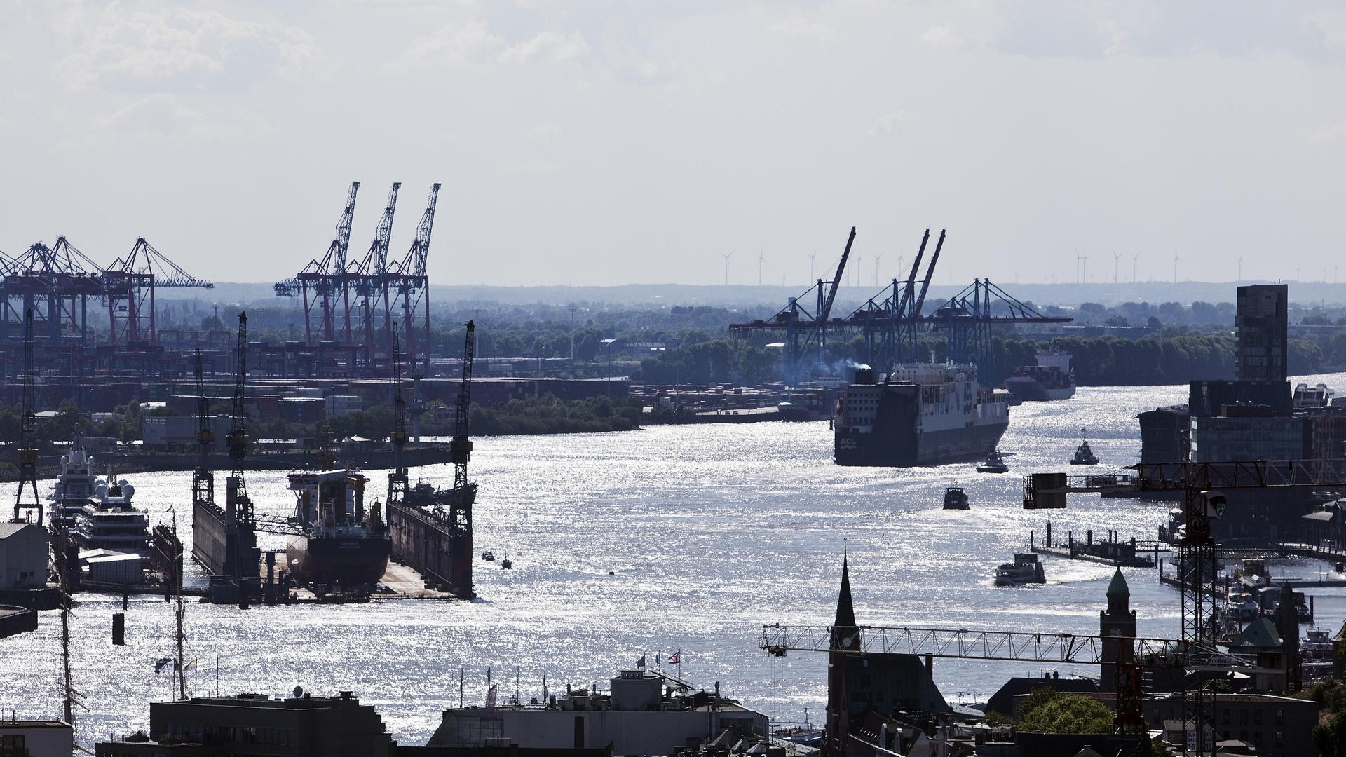 Blick auf den Hamburger Hafen mit Containerschiffen und Kränen